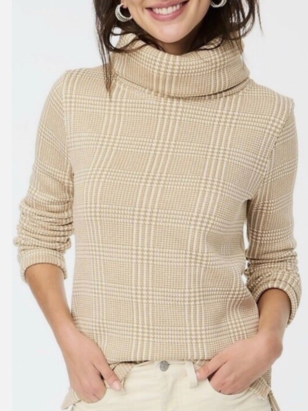 J. Crew Factory Women's Long-sleeve Funnelneck Pullover Cream Tan Plaid Medium